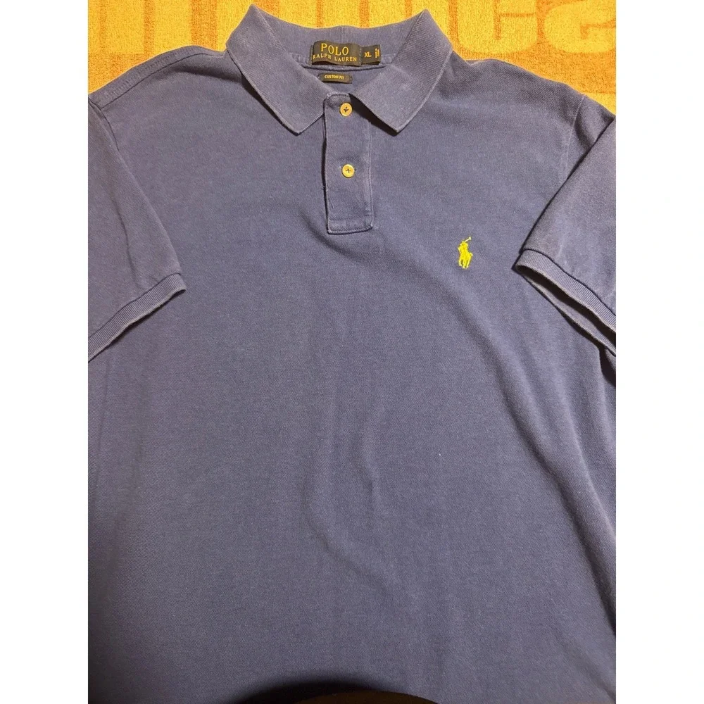 Polo Ralph Lauren Men Blue Custom Fit Polo Shirt Yellow Pony Logo XL